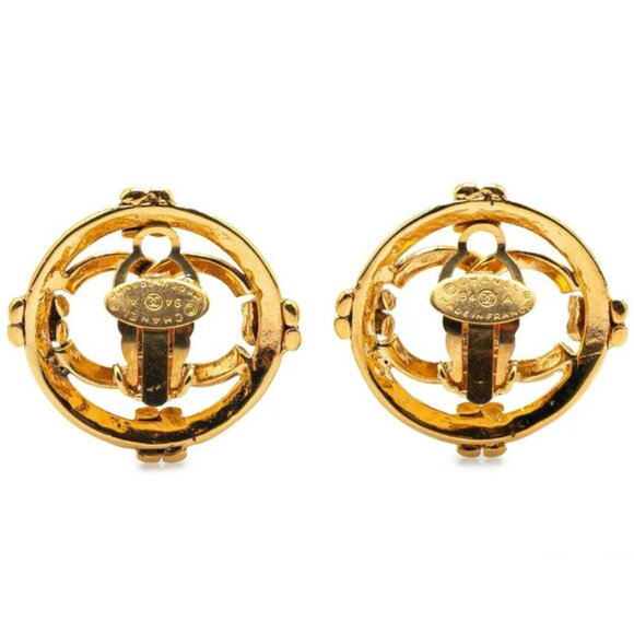 CHANEL CC Logos Circle Round Clip-On Vintage Earrings Gold Tone 94A Auth w/Box - Picture 2 of 4